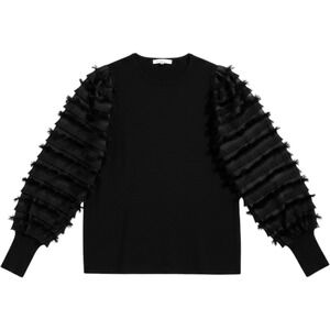 Siani Milano Sweater Women Large Black  Tiered Fringe Balloon Sleeve Crew